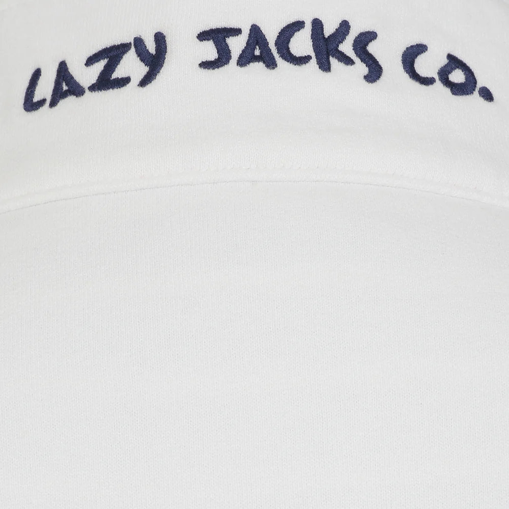Close-up of white Lazy Jacks womens sweatshirt white with navy Lazy Jacks Co. embroidered logo