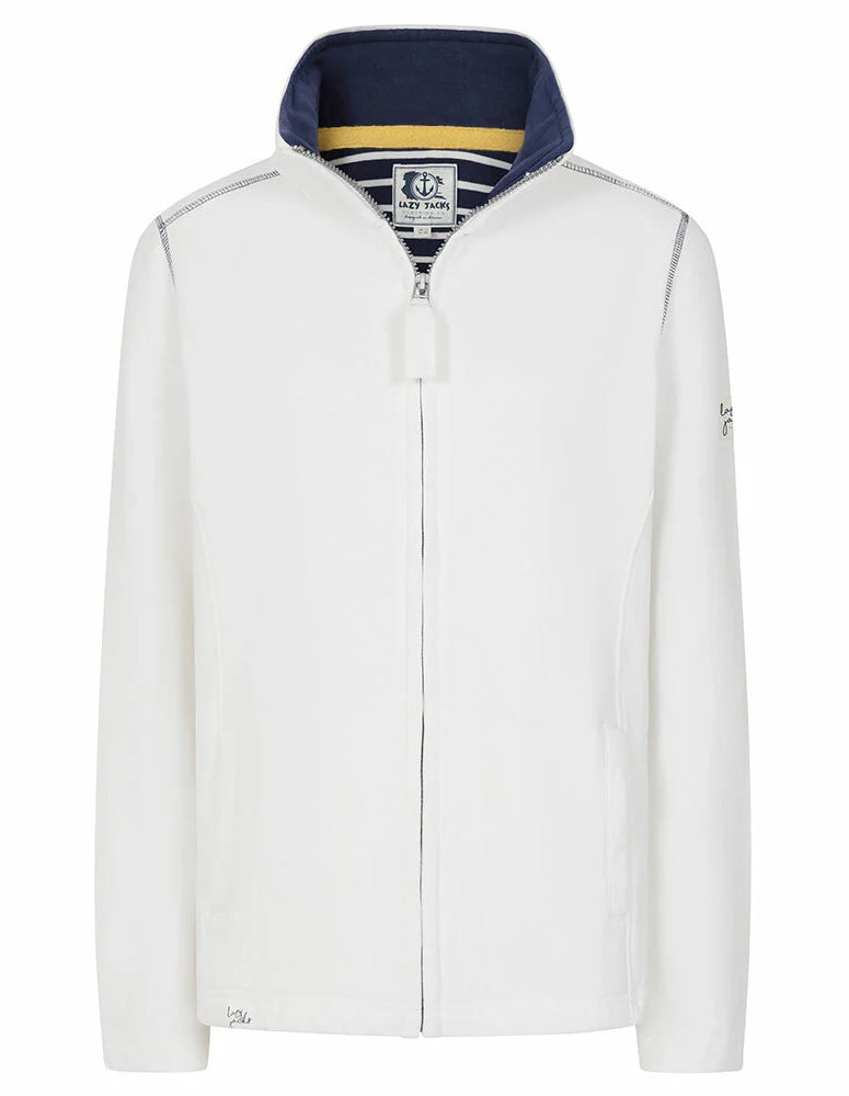 Lazy Jacks womens sweatshirt white with full zip and navy collar detail