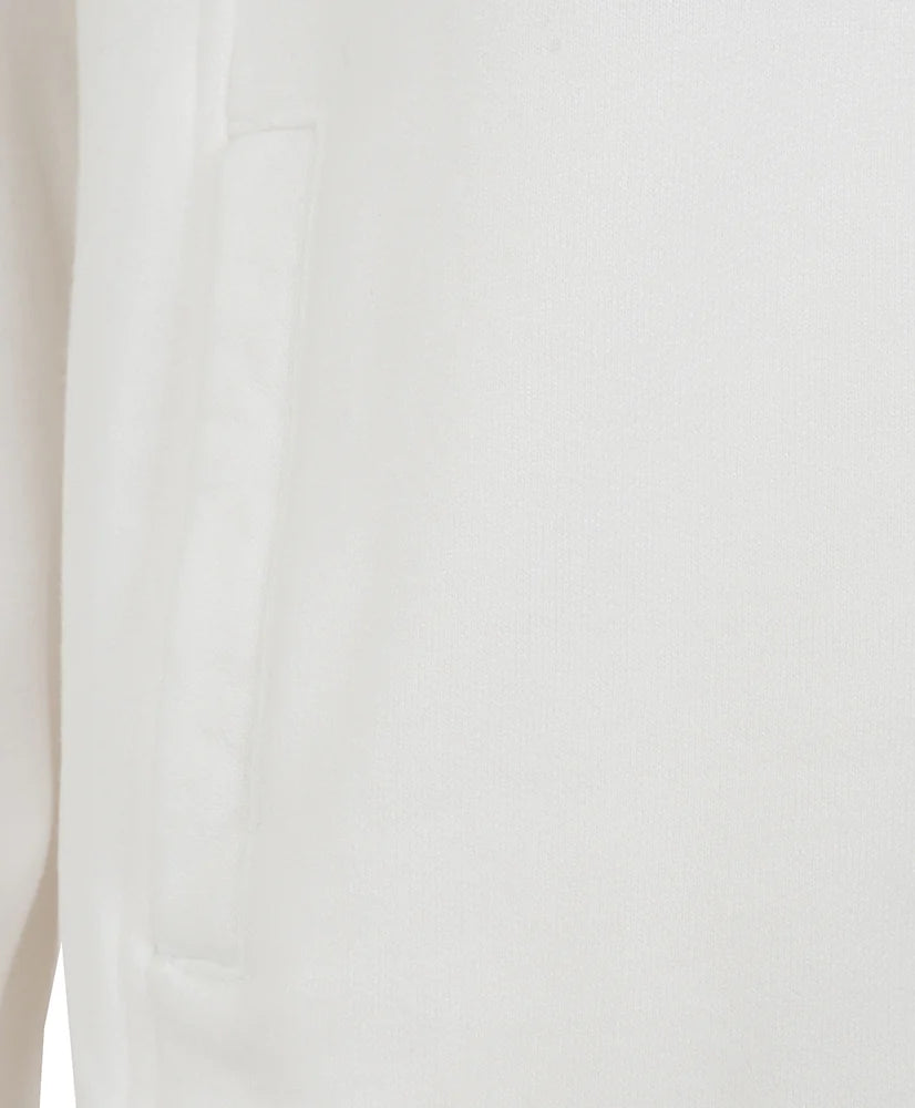 Close-up view of the pocket and fabric texture on a Lazy Jacks womens sweatshirt white