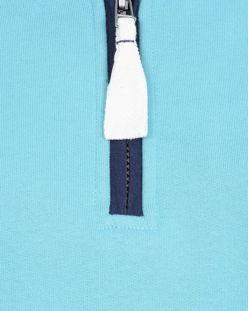 Close-up of Lazy Jacks womens sweatshirt with half-zipper in blue and navy detailing