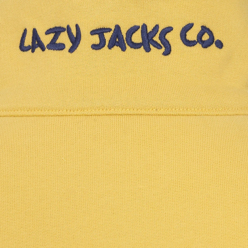 Close-up of Lazy Jacks womens yellow zip sweatshirt with navy blue embroidered logo detail