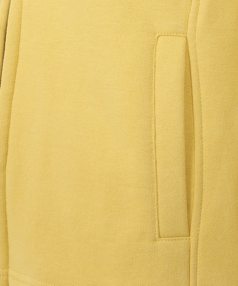 Close-up of pocket detail on Lazy Jacks womens yellow zip sweatshirt showing soft fabric texture
