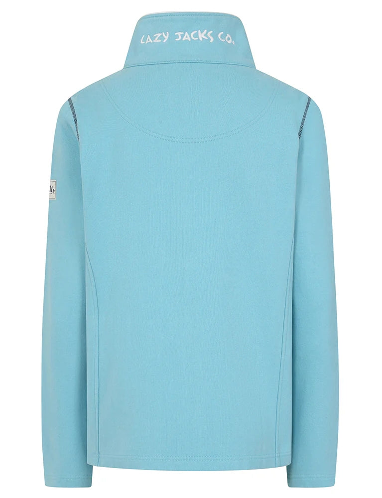 Back view of Lazy Jacks womens zip sweatshirt spearmint with embroidered collar logo and long sleeves