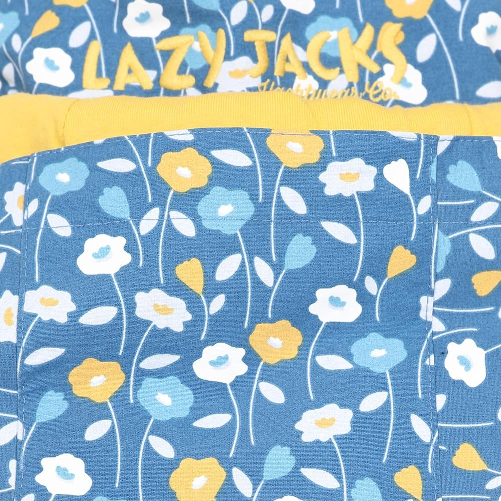 Women's LJ45 waterproof jacket from Lazy Jacks in blue with a floral Daisy print and embroidered logo on the back of the collar.