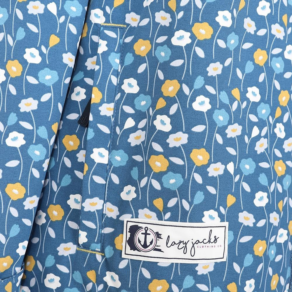 Lazy Jacks women's LJ45 blue waterproof jacket with yellow and white floral Disy print with zip pockets and logo label on the front.