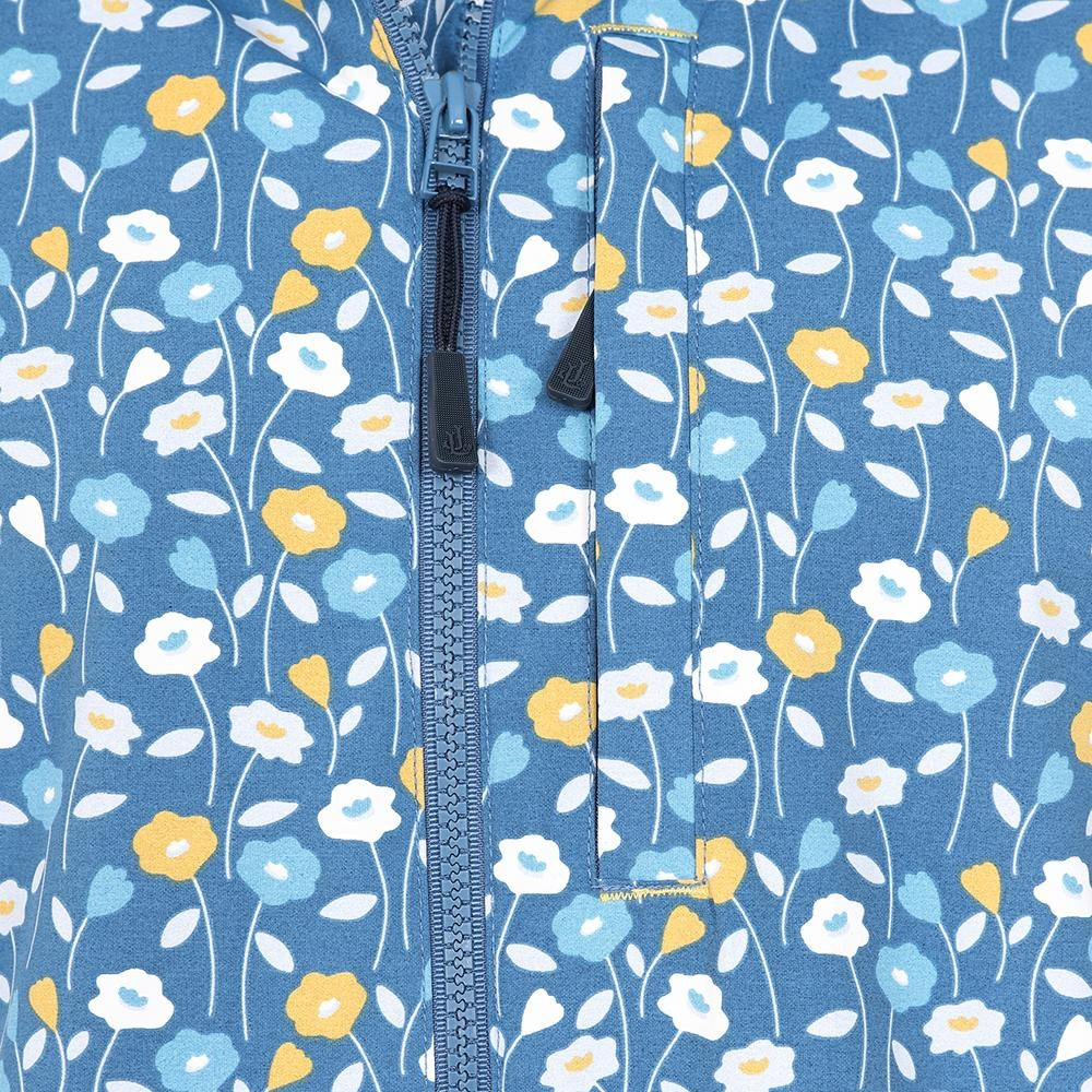 Lazy Jacks women's LJ45 waterproof jacket in blue, yellow and white Daisy floral print with zip pocket on the chest.