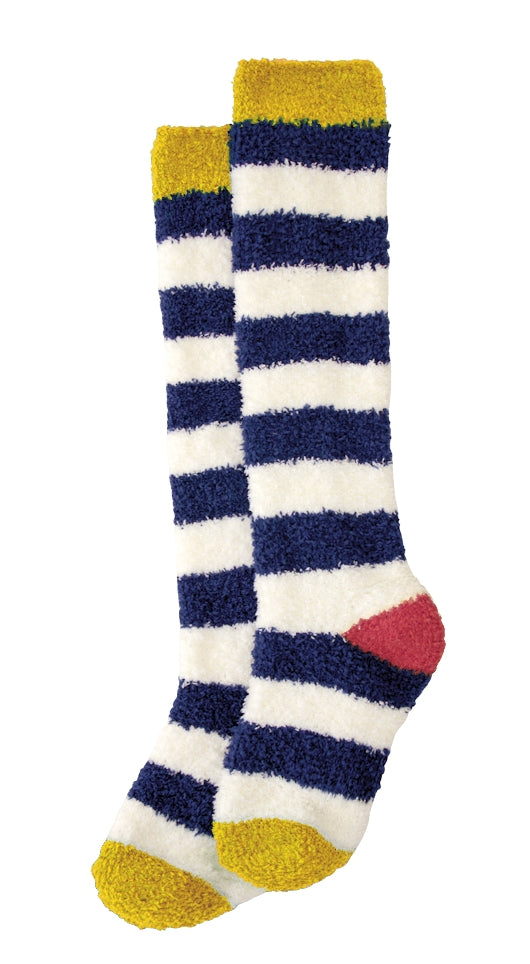 Lazy Jacks Kids LJ2C fluffy knee length socks in a marine navy and white stripe pattern.