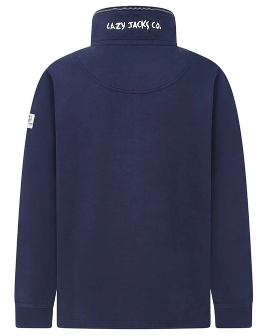 Lazy Jacks men's LJ40 style 1/4 zip sweatshirt in Marine Navy with embroidered collar logo.