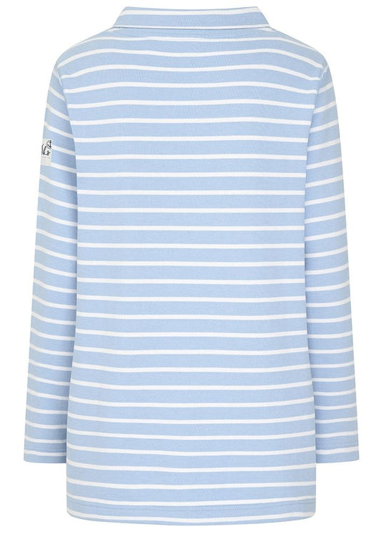 Lazy Jacks women's LJ35 roll neck sweatshirt in sky blue with white stripes.