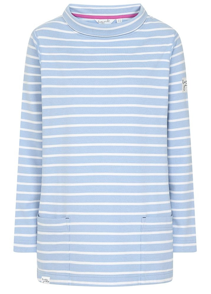 Lazy Jacks women's LJ35 stripe roll neck sweatshirt in sky blue and white.
