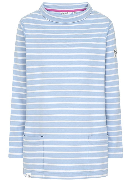Lazy Jacks women's LJ35 stripe roll neck sweatshirt in sky blue and white.