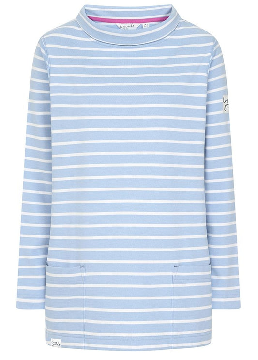 Lazy Jacks women's LJ35 stripe roll neck sweatshirt in sky blue and white.