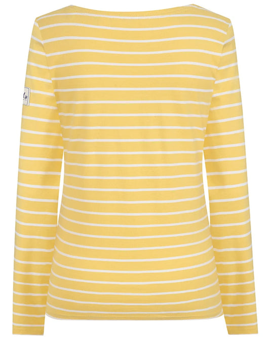Back view of Lazy Jacks women's Lemon Yellow and White stripy top.