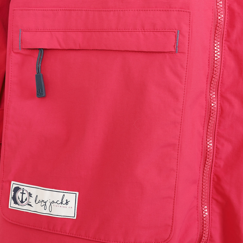 Lazy Jacks women's LJ67 waterproof knee length rain coat from Lazy Jacks in Lipstick with stripy lining and zip pockets.