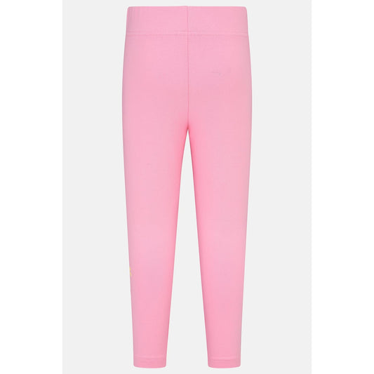 Back view of a pair of Lighthouse kids Mollie leggings in Fluro Pink with a bow, heart and flower print on one leg.