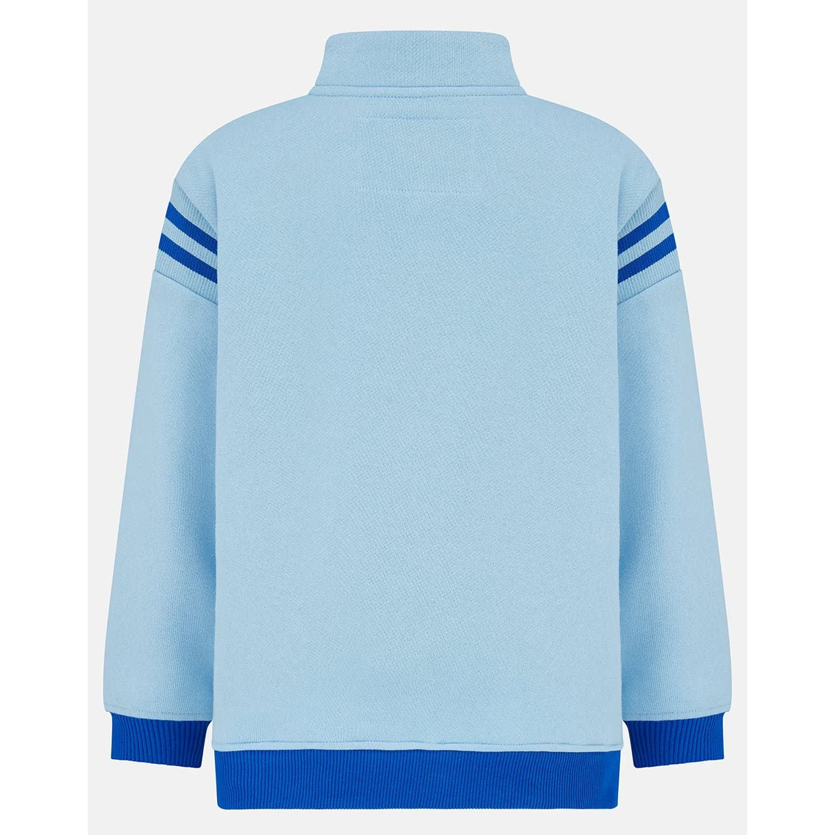 Back view of a Weird Fish kids Jonah 1/4 zip neck sweatshirt with blue trim and blue tractor applique sewn on the chest.