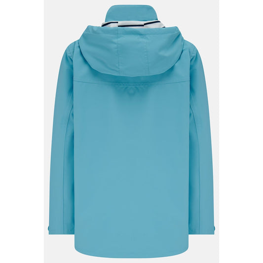 Main back view of a womens Beachcomber II waterproof jacket in Blue with a stripy hood lining.