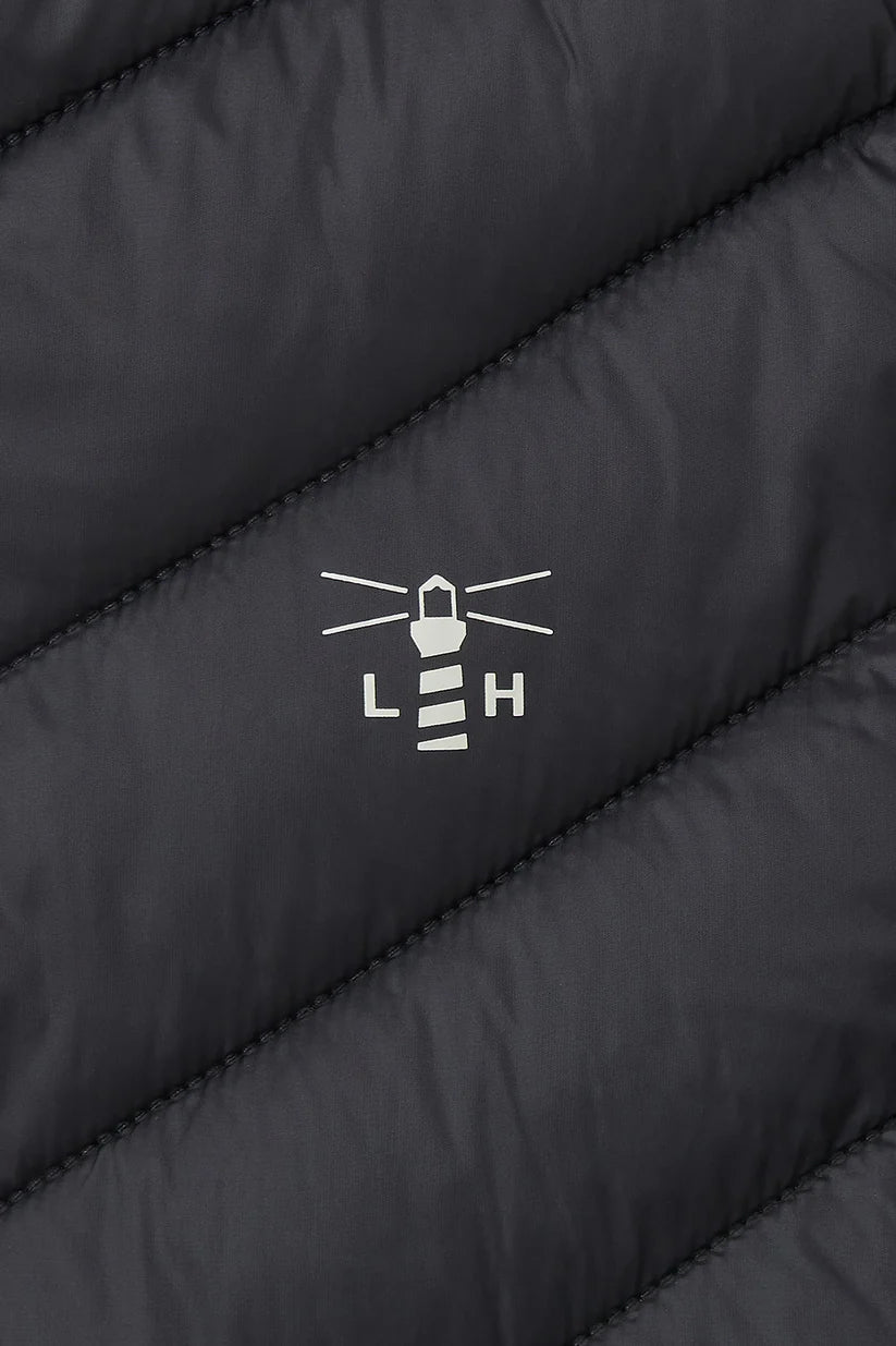 Close-up of Lighthouse black padded coat womens showing stitched diagonal quilting and logo detail