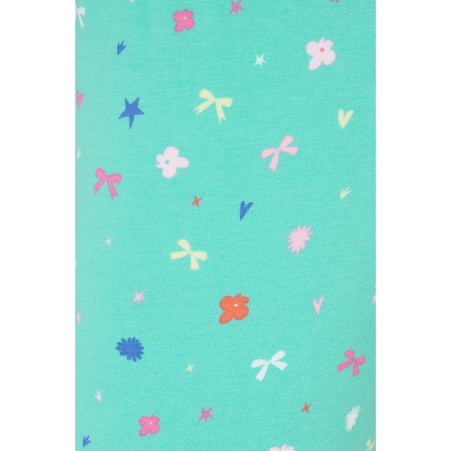 Close-up view of the fabric of Lighthouse kids Mollie leggings in mint green with a bows, stars and floral pattern.