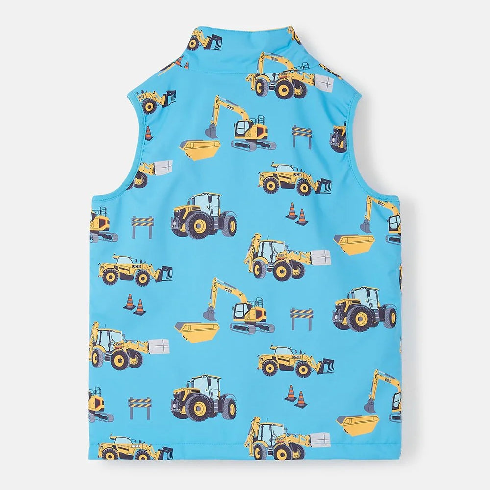 Lighthouse kids blue gilet JCB print with yellow construction vehicles and traffic cones