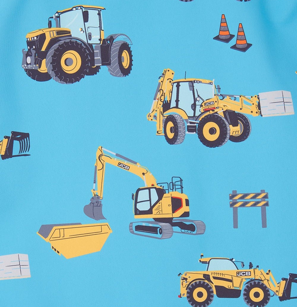 Lighthouse kids blue gilet JCB print featuring yellow construction vehicles and traffic cones on blue fabric