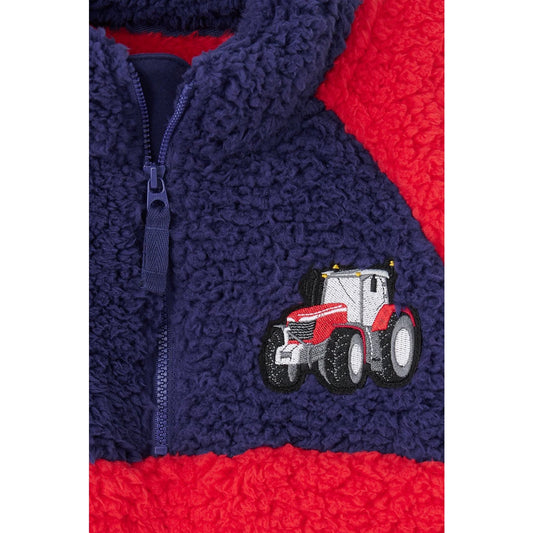 Kids Lighthouse Caden navy and red fleece jumper with a tractor patch on a white background