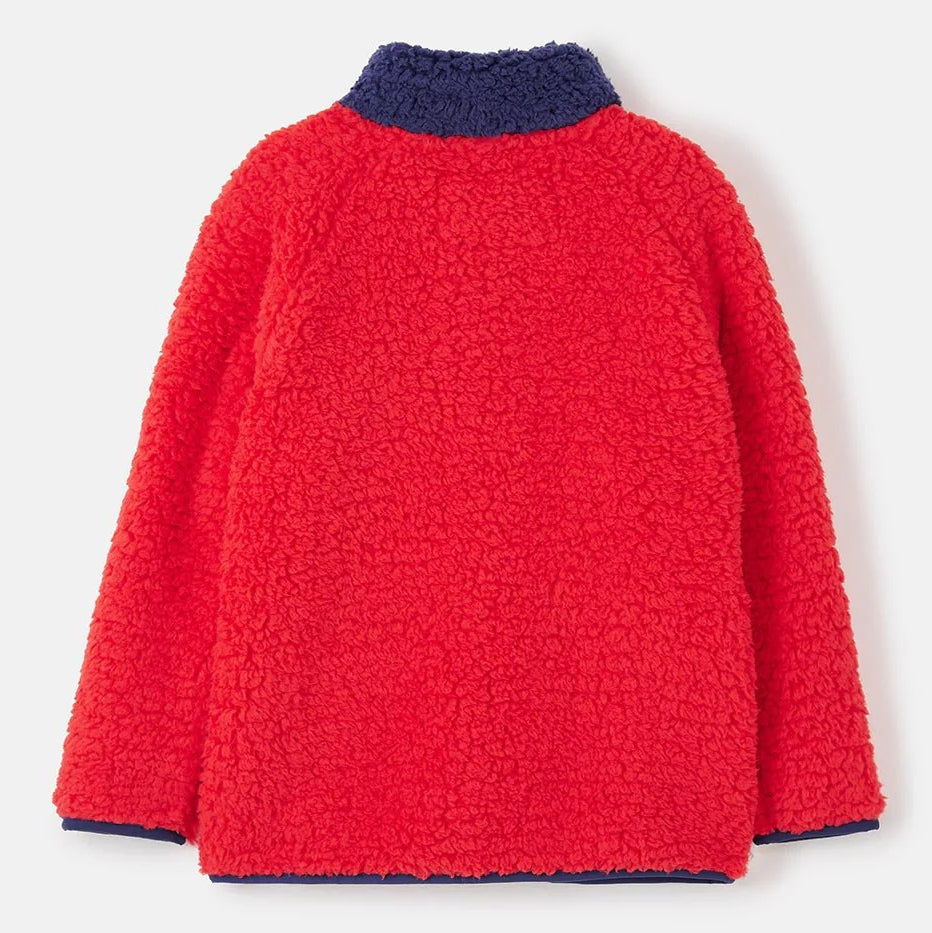 Back view of a kids Lighthouse Caden red fleece jumper with navy collar on a white background