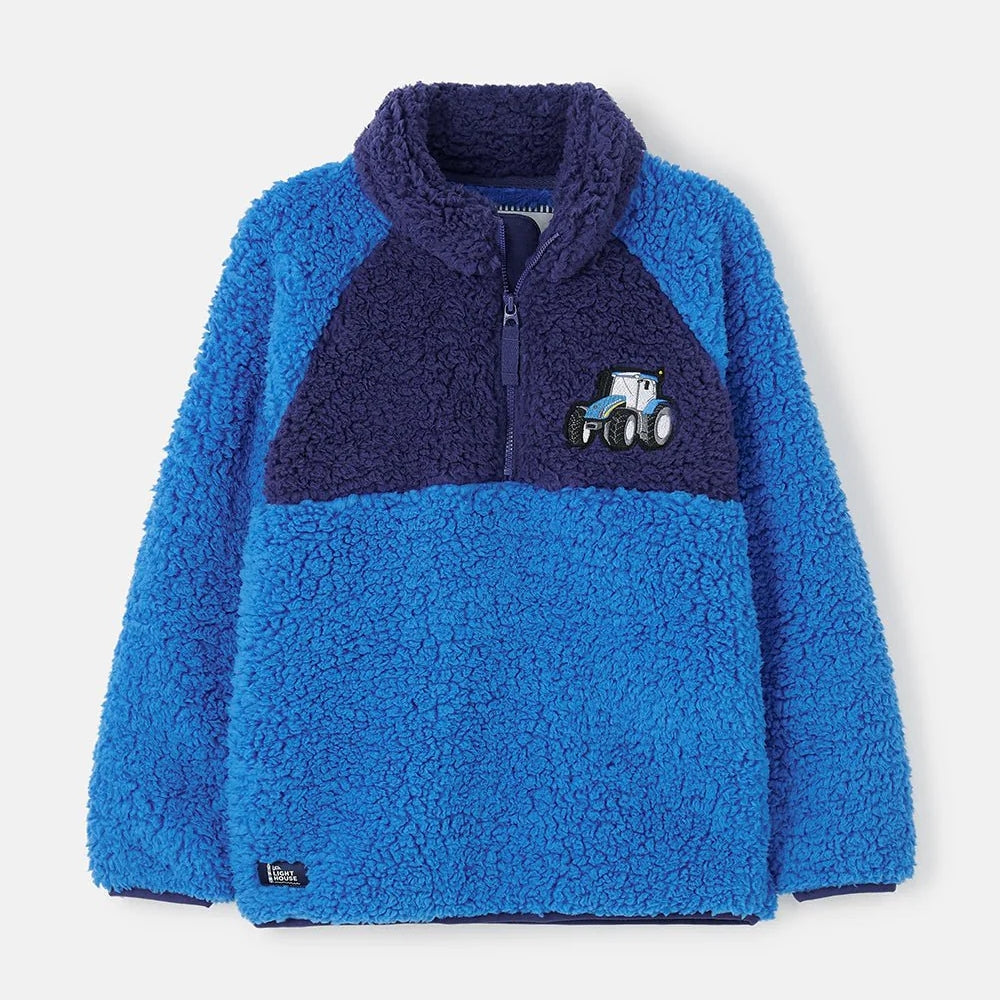 Lighthouse kids Caden blue fleece pullover with a tractor design on a light white background
