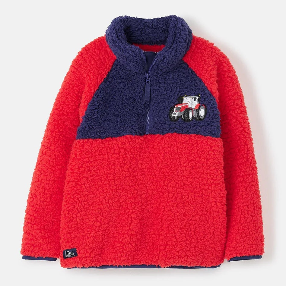 Lighthouse kids Caden red and navy fleece pullover jumper with a tractor design on a white background
