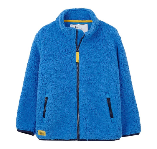 Blue kids Lighthouse sherpa fleece jacket with yellow accents on a white background