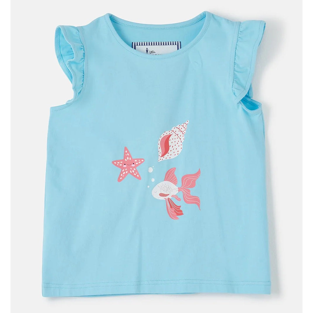 Light blue kids Lighthouse sleeveless top with fish and starfish designs on a white background