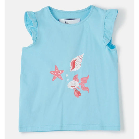 Light blue kids Lighthouse sleeveless top with fish and starfish designs on a white background