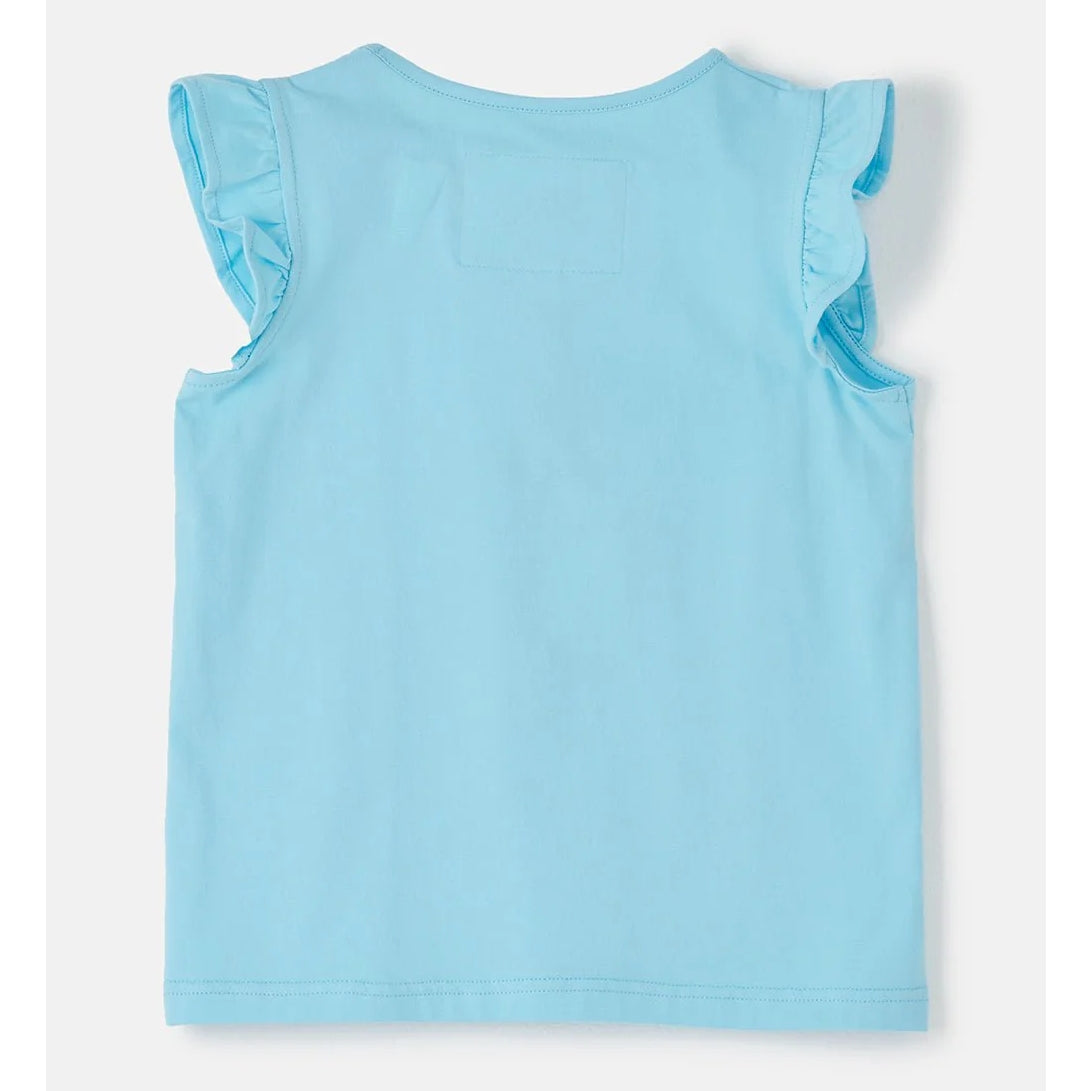 Light blue Lighthouse kids sleeveless top with ruffled shoulders on a white background