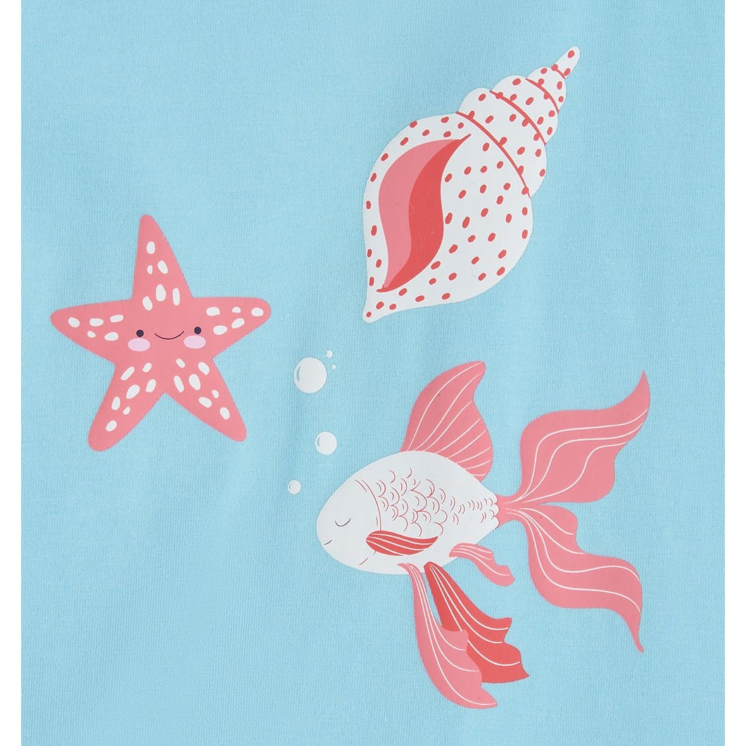 Lighthouse kids t-shirt print of a fish, starfish, and shell on a light blue fabric.