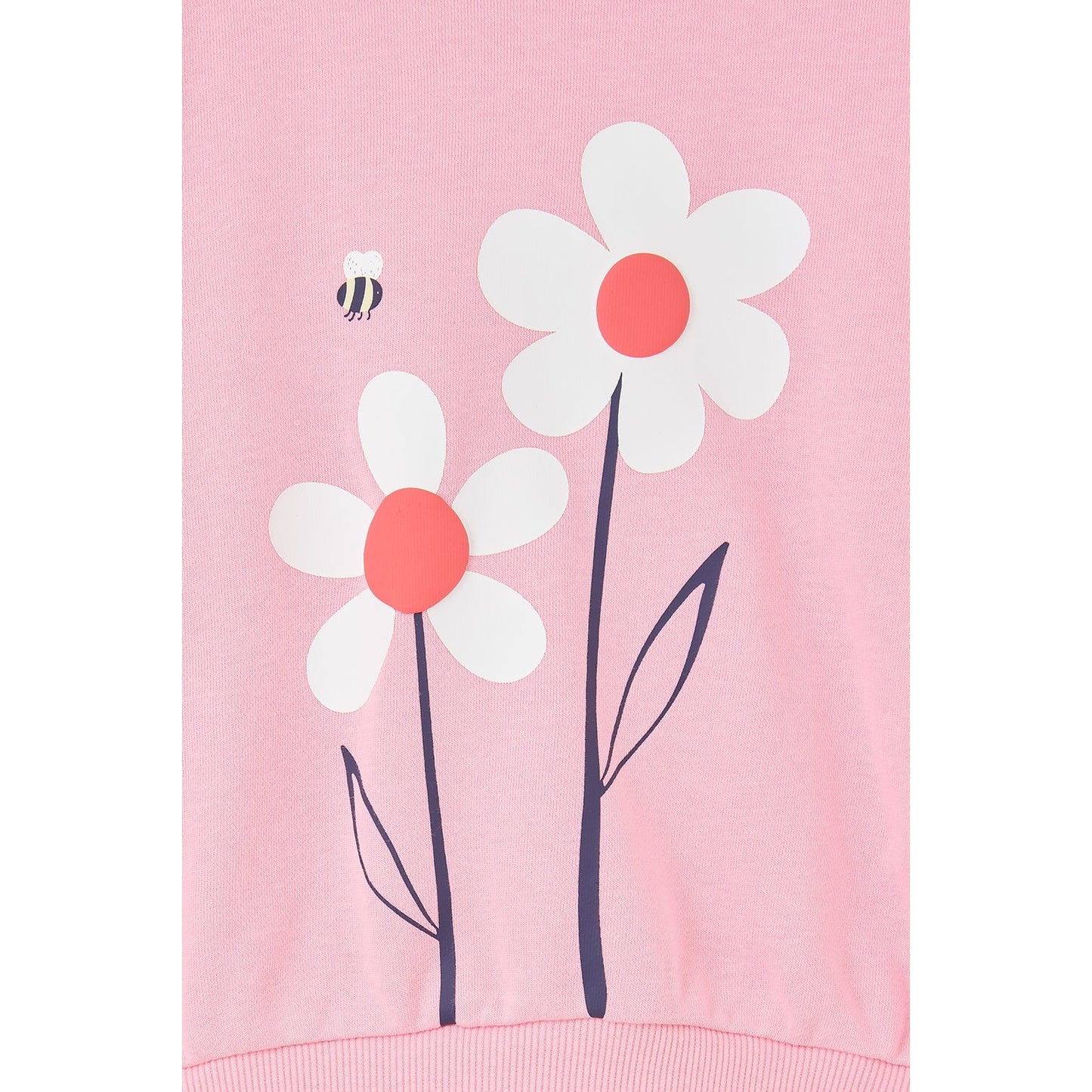 Lighthouse kids Flora sweatshirt Dusky Pink flowers with white petals and orange centers on pink fabric