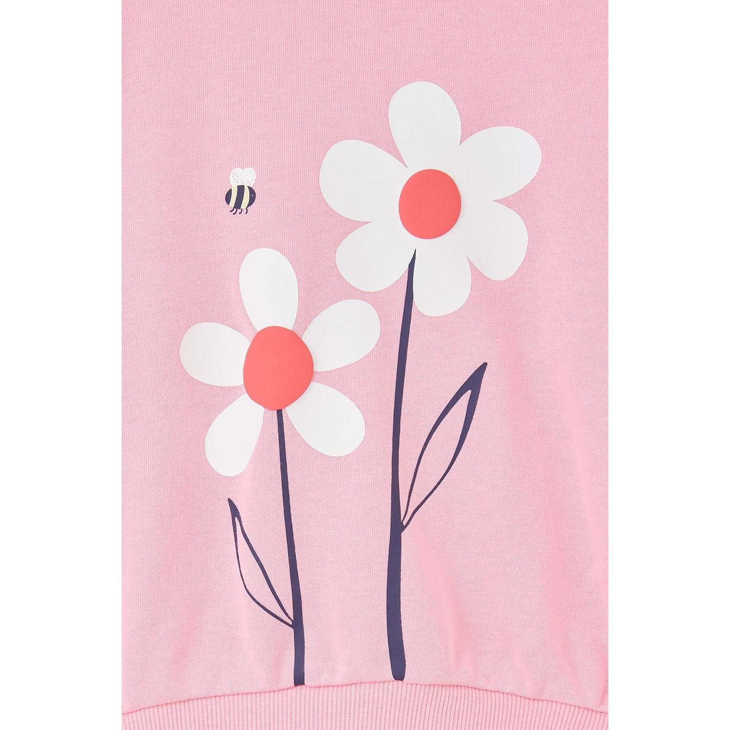 Lighthouse kids Flora sweatshirt Dusky Pink flowers with white petals and orange centers on pink fabric