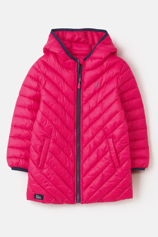Front view of a Lighthouse kids Georgia padded coat pink with hood and front zipper for children