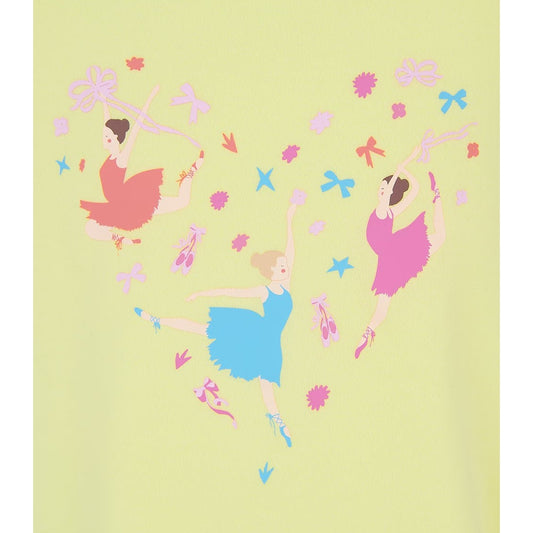Close-up view of a heart shape ballerina print of a kids Lighthouse short sleeve Causeway t-shirt in lemon yellow.