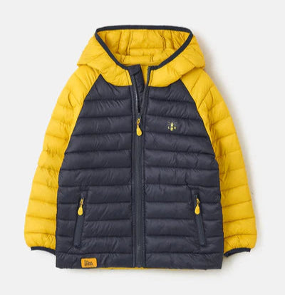 Lighthouse kids padded coat navy yellow with hood and front zipper for warm outdoor wear