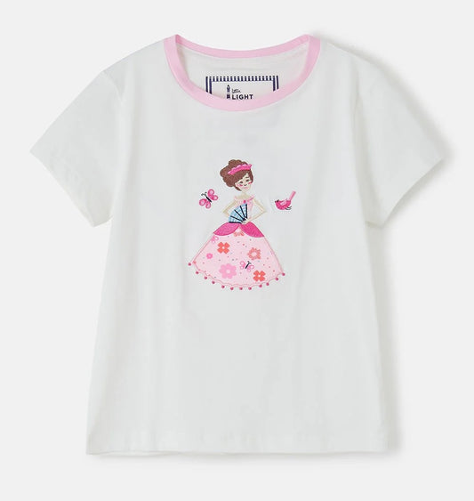 Lighthouse kids Princess Tee white girls t-shirt with pink collar and princess print with butterfly and bird