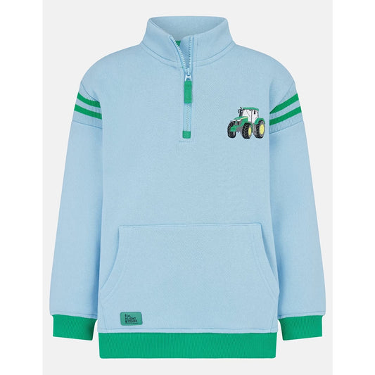 Front view of a Lighthouse Jonah zip neck sweatshirt in sky blue with green trim and tractor applique on the chest.