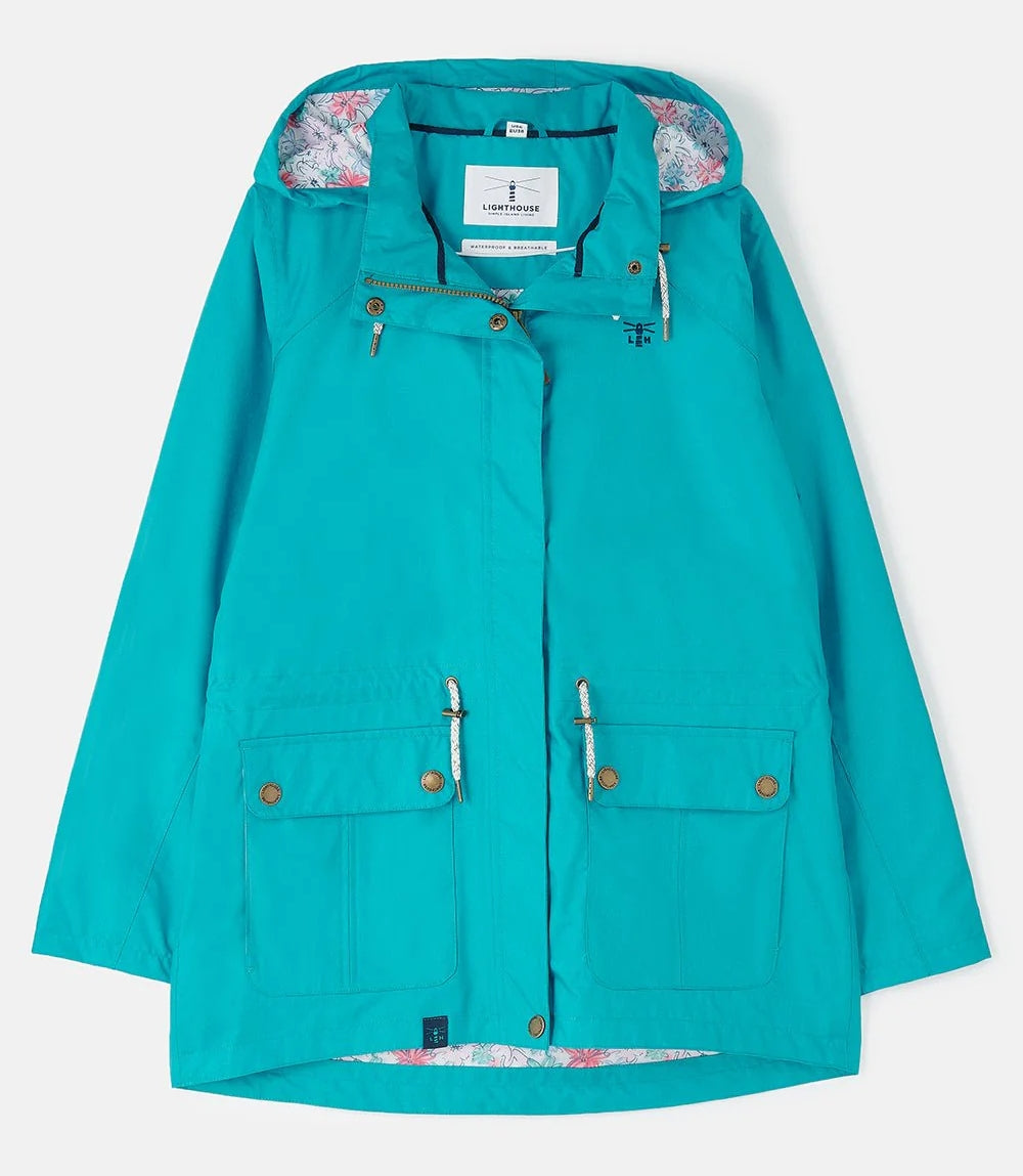 Lighthouse teal womens waterproof jacket with hood and front pockets