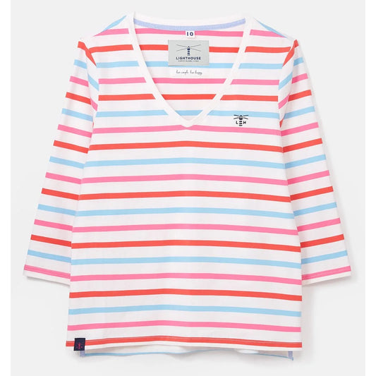 Striped womens Lighthouse Ariana top with red, pink, and blue horizontal stripes on a white background