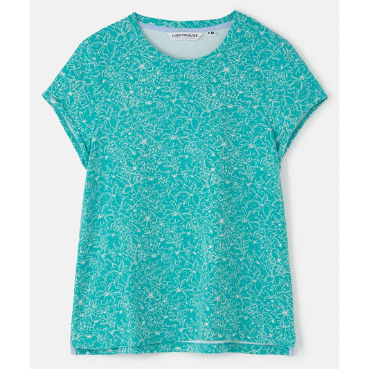 Front view of a womens Lighthouse Causeway short sleeve Teal t-shirt with white floral pattern on a white background