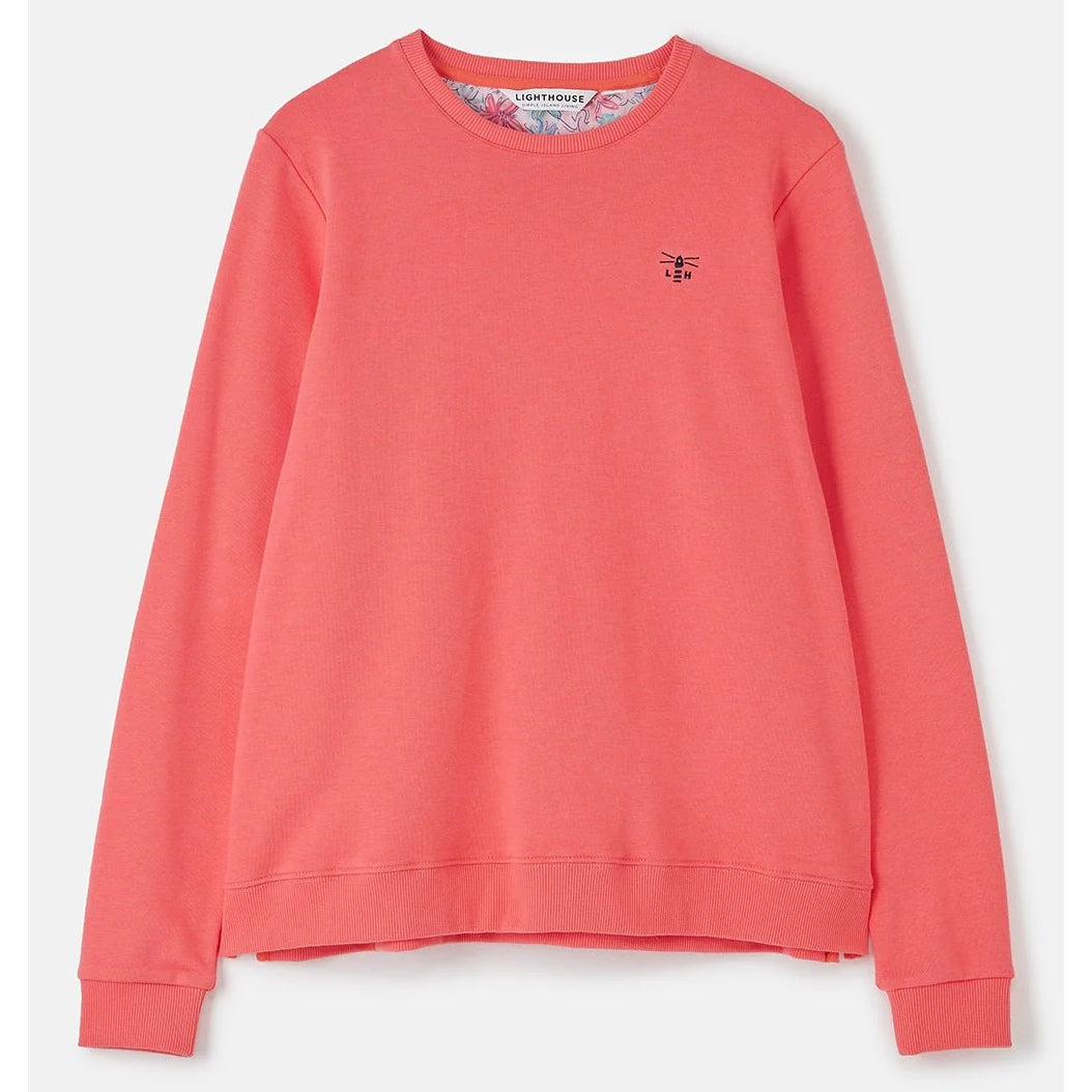 Coral Lighthouse sweatshirt with a small logo on a white background