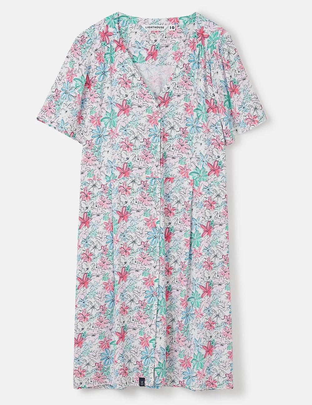 Lighthouse womens floral dress with pink and green flower print and short sleeves