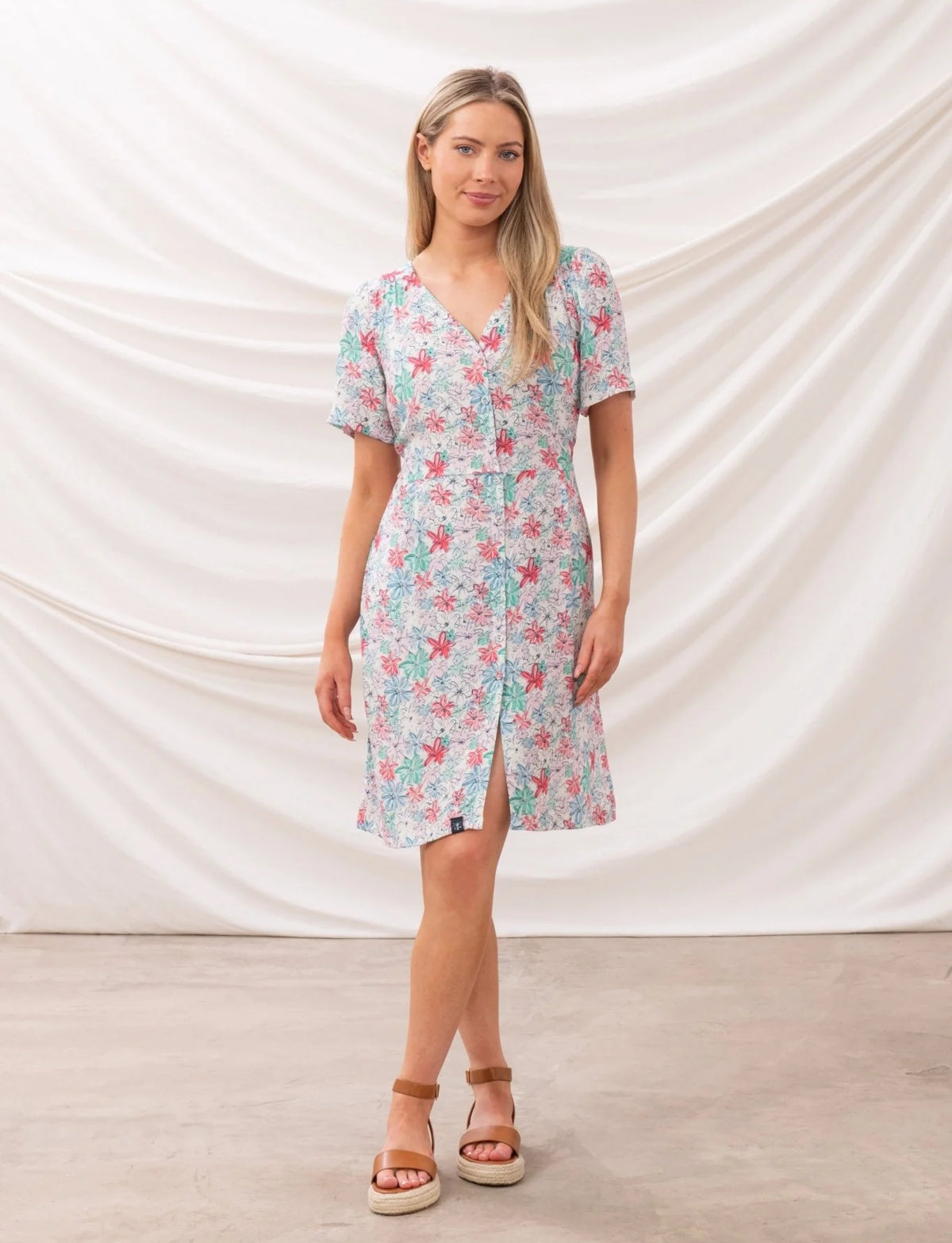 Lighthouse womens floral dress with short sleeves and front buttons worn by model