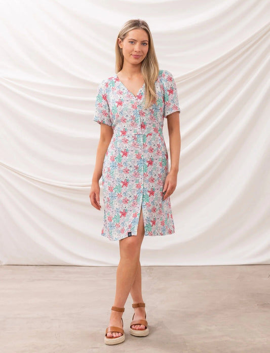Lighthouse womens floral dress with short sleeves and front buttons worn by model