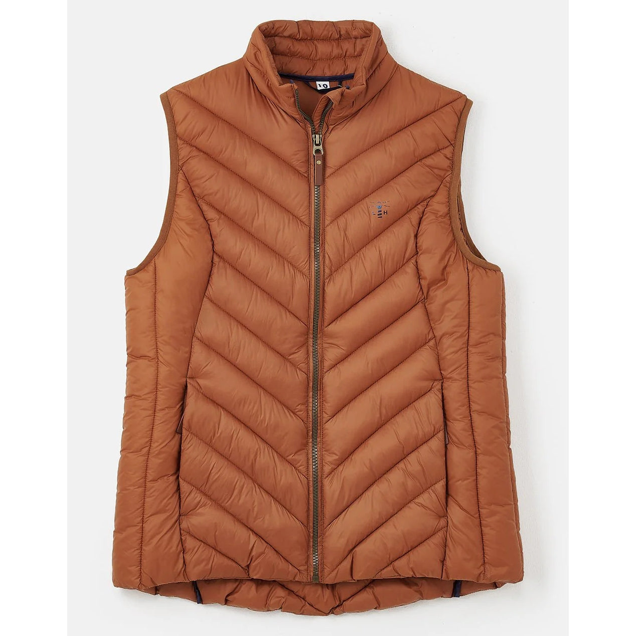 Front view of a womens Lighthouse Rust Orange Laurel puffer gilet on a white background