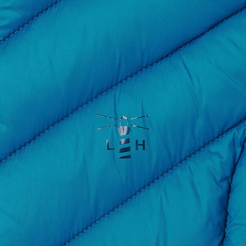 Close-up of teal blue puffer fabric with a Lighthouse logo